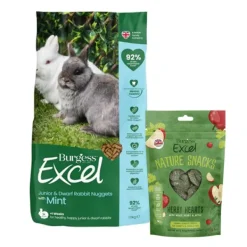 Burgess Excel Rabbit Pellets with Mint for Junior and Dwarf Rabbits 1.5kg + Excel Nature Snacks 60g COMBO