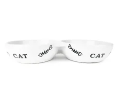 Cattitude Double Ceramic Cat Bowl Fishbone White